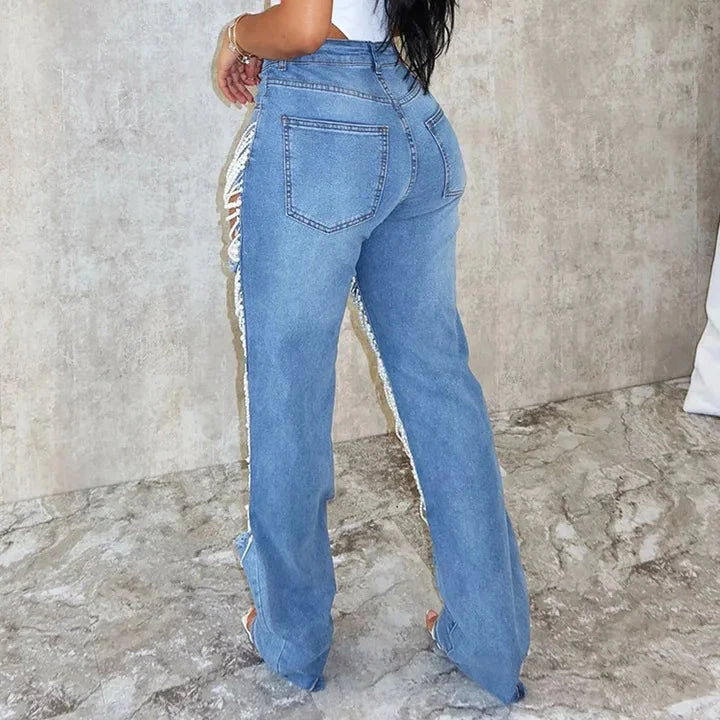 Nina - Ripped Pearl Rhinestones Jeans