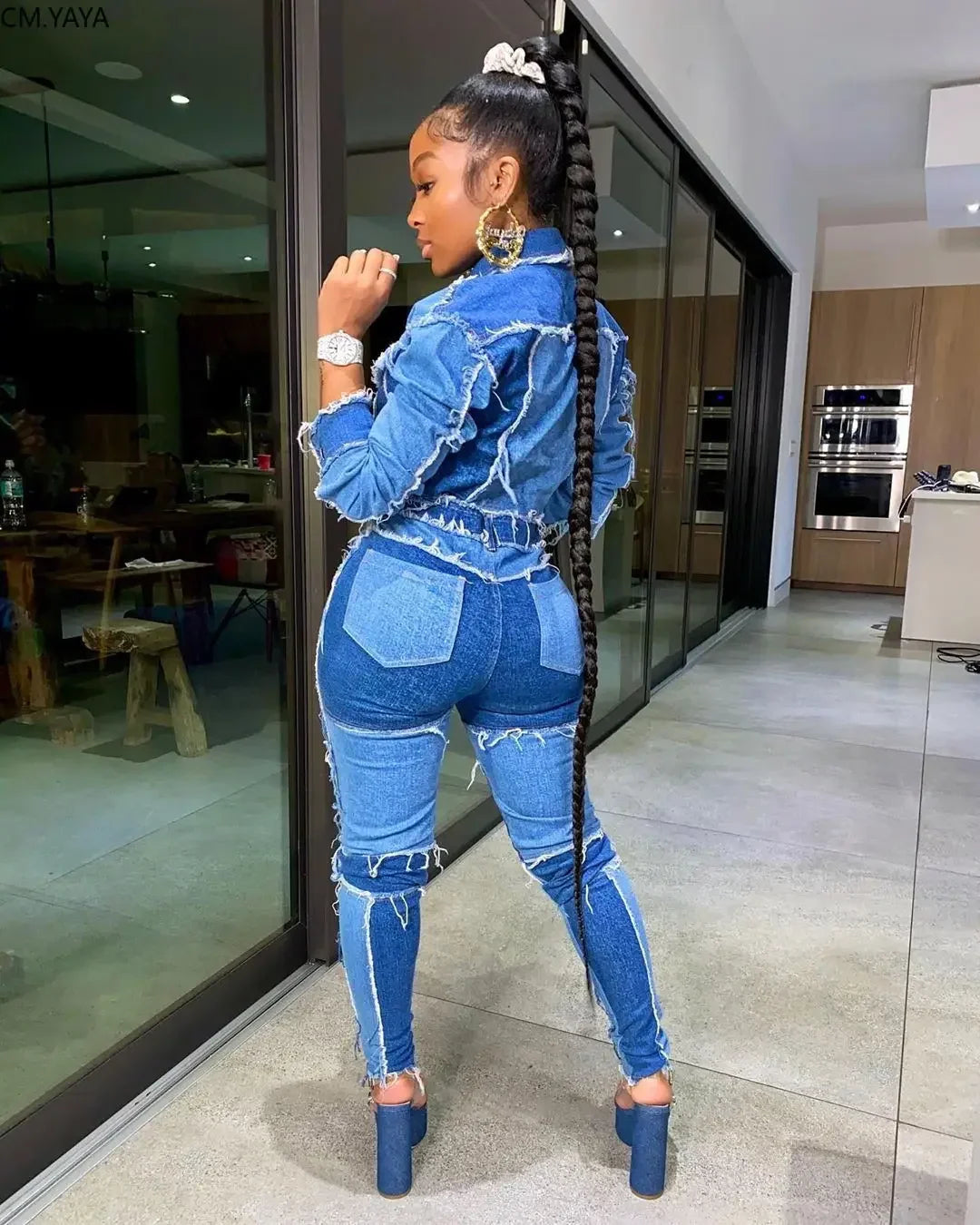 Denim Ripped Fringe Streetwear Long Sleeve Button Front Patchwork Jean Jacket
