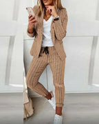 English Plaid Print Blazer Jacket +Matching Ankle Length Pants Women's Suit