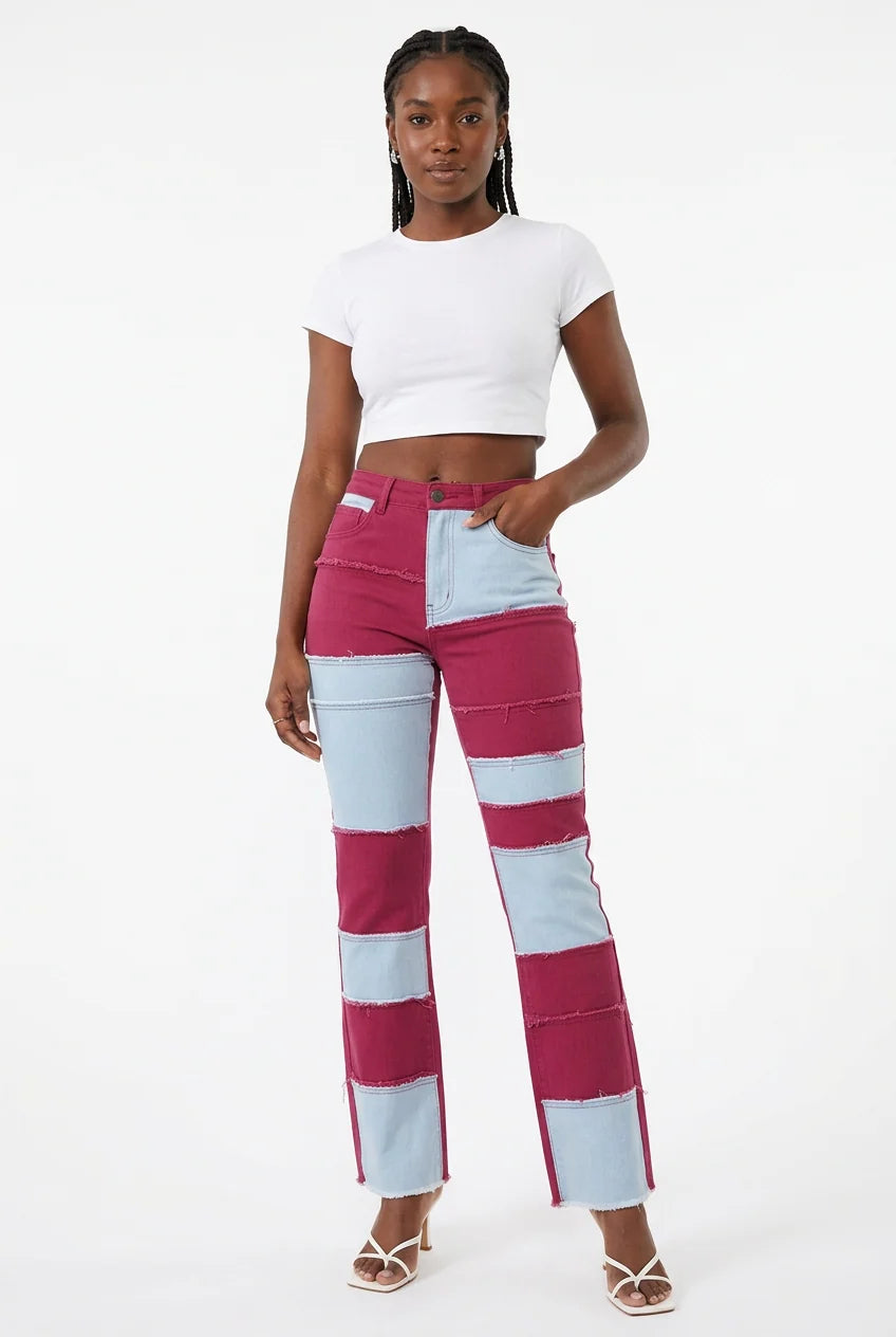 Denim Colorblock Checker Print Washed Women's Ankle Length Flared Bootcut Jeans to 3X Plus Size
