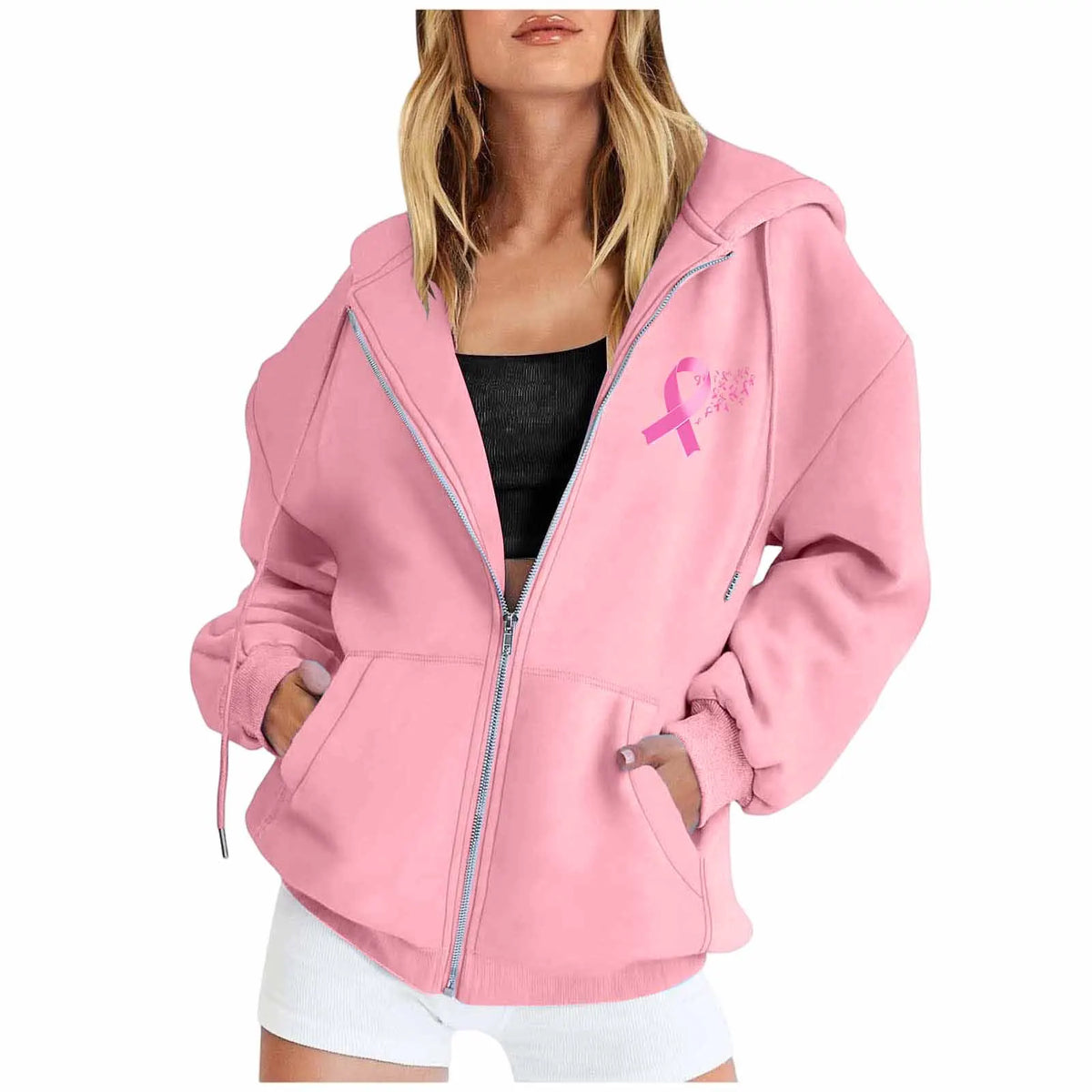 Breast Cancer Awareness Symbol Back Design Women's Zipper Hoodie Sweatshirt to 3X Plus Size