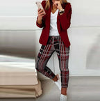 English Plaid Print Blazer Jacket +Matching Ankle Length Pants Women's Suit