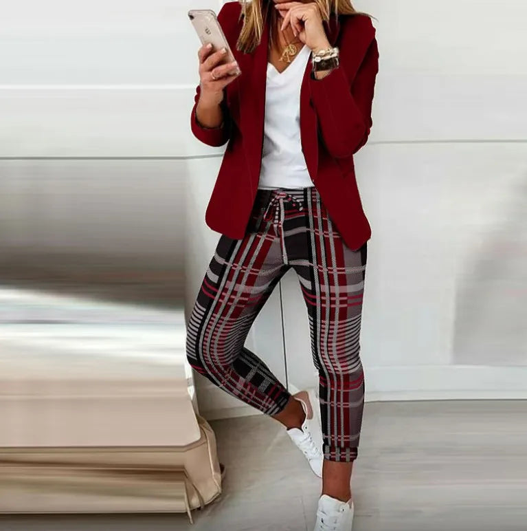 English Plaid Print Blazer Jacket +Matching Ankle Length Pants Women's Suit