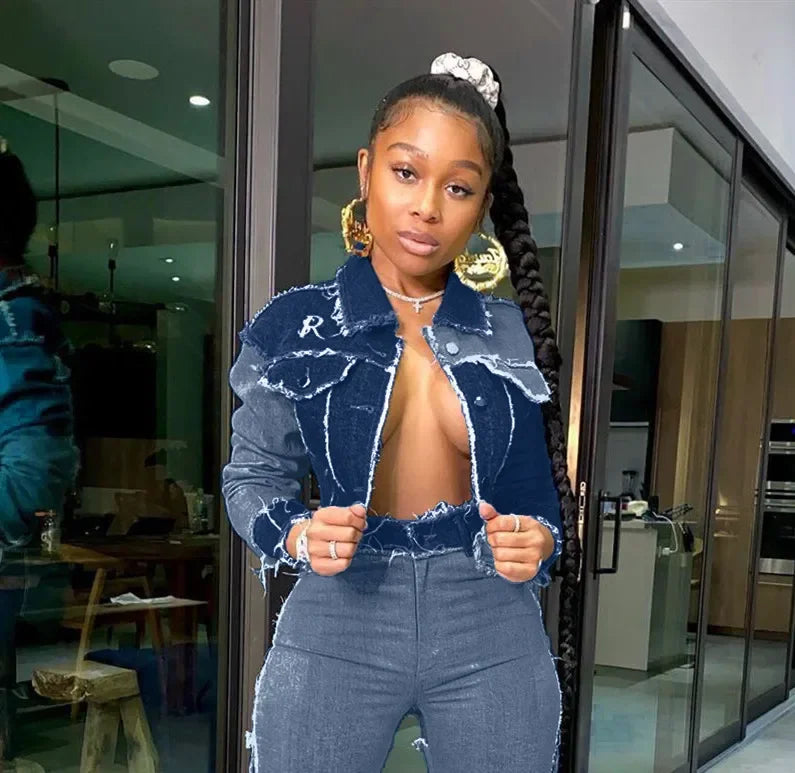 Denim Ripped Fringe Streetwear Long Sleeve Button Front Patchwork Jean Jacket