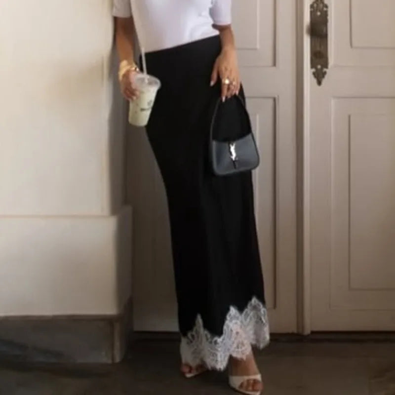 Solara - Satin Maxi Skirt with Lace Hem