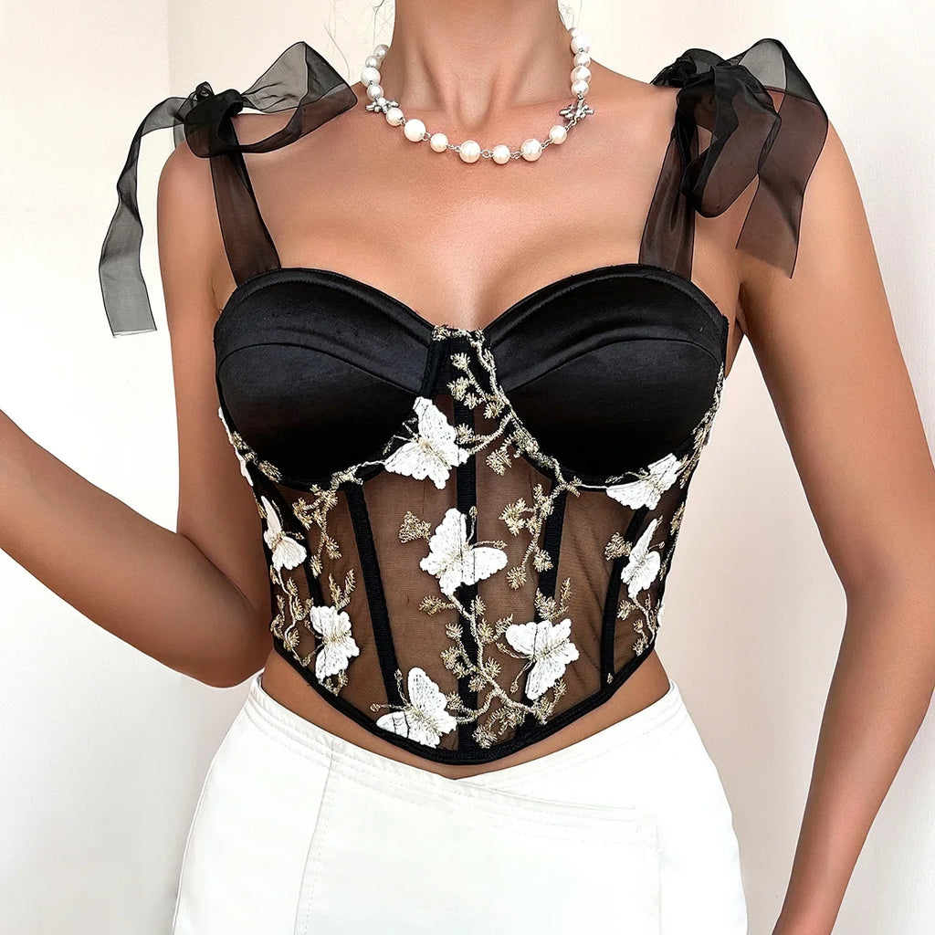 Adhara - Black Mesh Corset Crop Top
