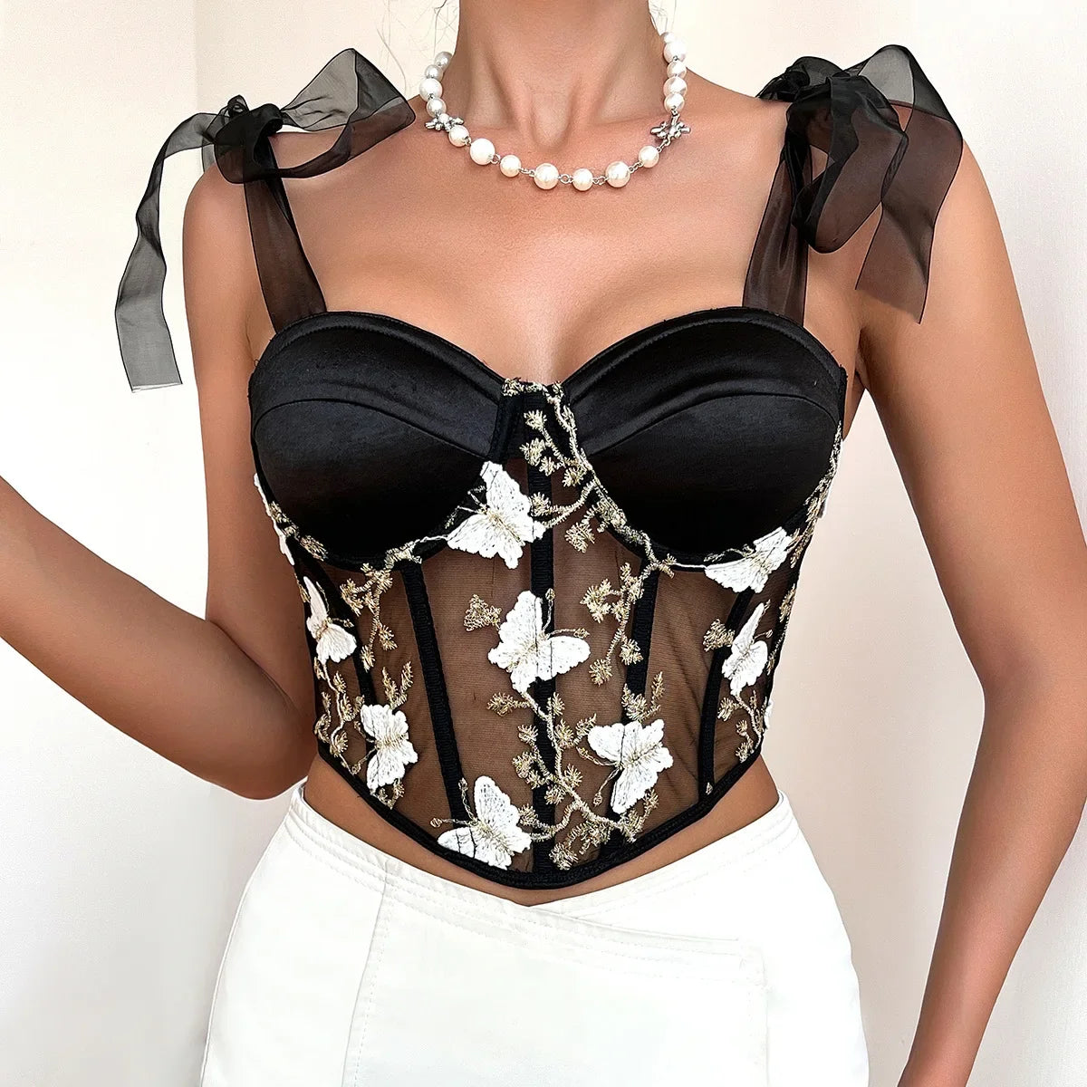 Adhara - Black Mesh Corset Crop Top