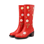 Western Flower Embroidered Women's Slip-On Rubber Midi Outsole Round Toe Boots
