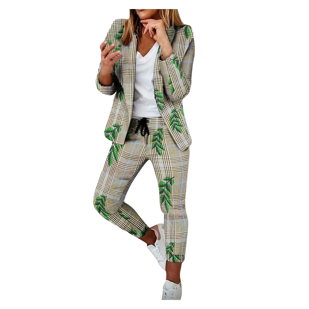 English Plaid Print Blazer Jacket +Matching Ankle Length Pants Women's Suit