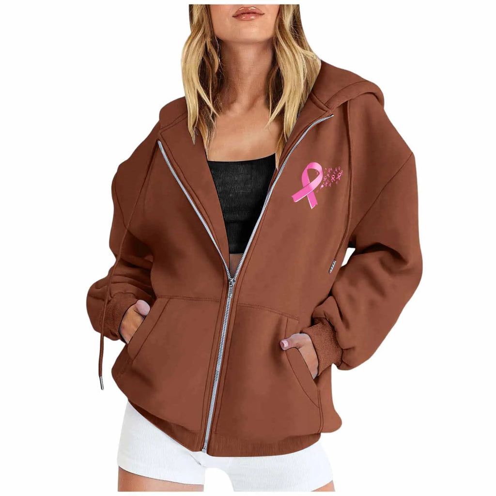 Breast Cancer Awareness Symbol Back Design Women's Zipper Hoodie Sweatshirt to 3X Plus Size