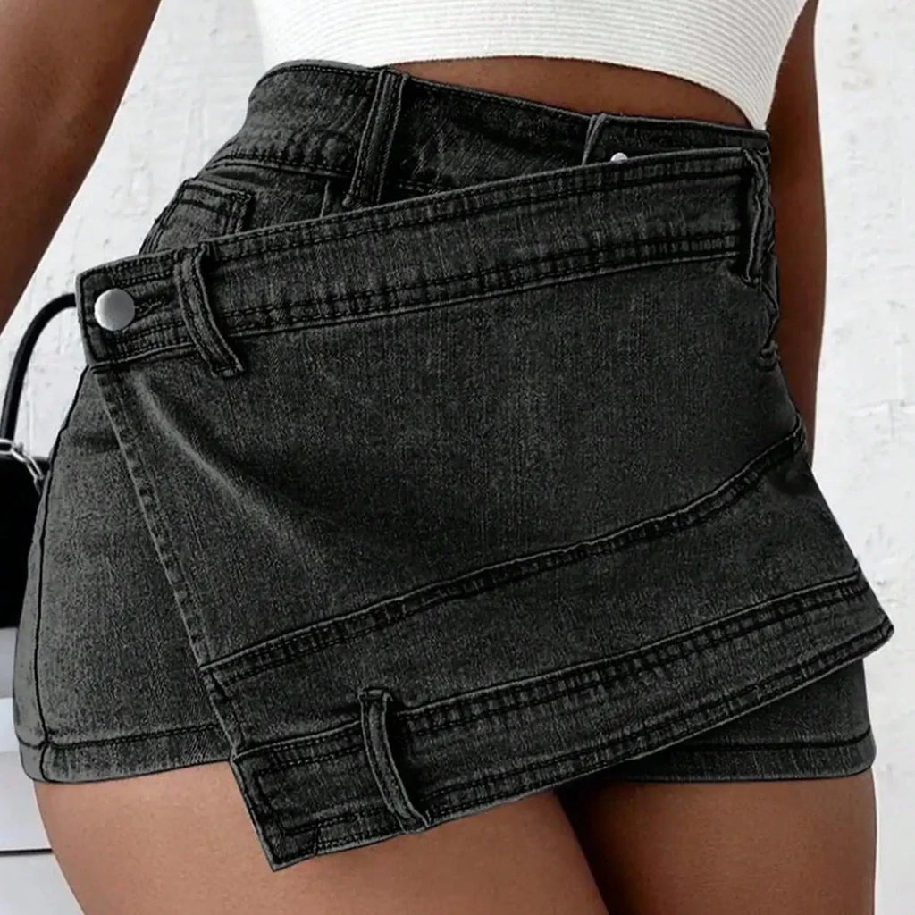 Belen - Irregular Wrap Mini Denim Shorts