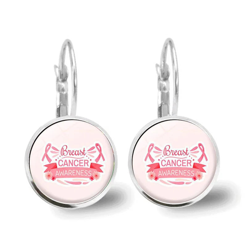 Glass Breast Cancer Awareness Ribbon Pendant Alloy Drop Earrings