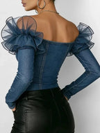 Denim Mesh Ruffled Off-the-Shoulder Women's Long Sleeve Button Front Jean Shirt
