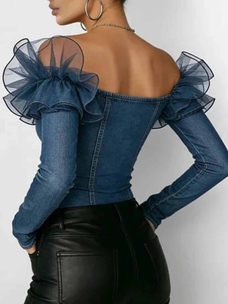 Denim Mesh Ruffled Off-the-Shoulder Women's Long Sleeve Button Front Jean Shirt