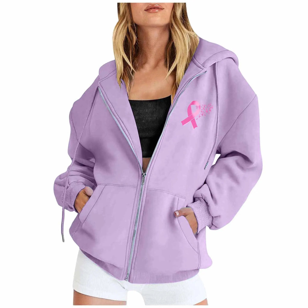 Breast Cancer Awareness Symbol Back Design Women's Zipper Hoodie Sweatshirt to 3X Plus Size