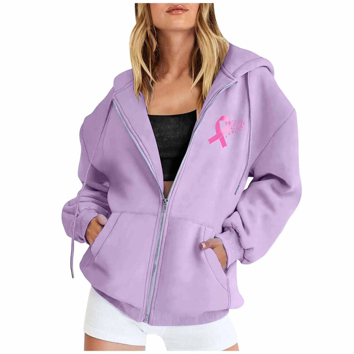 Breast Cancer Awareness Symbol Back Design Women's Zipper Hoodie Sweatshirt to 3X Plus Size