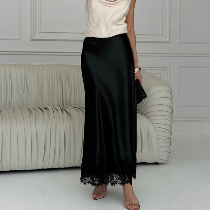 Solara - Satin Maxi Skirt with Lace Hem