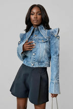 Vintage Denim Faded Washed Hollow-Out Shoulder Long Sleeve Turn-Down Collar Women's Jean Jacket