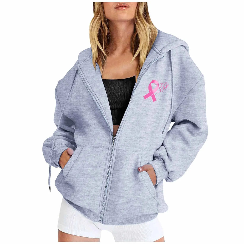 Breast Cancer Awareness Symbol Back Design Women's Zipper Hoodie Sweatshirt to 3X Plus Size