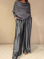 Satin Sleeveless Patchwork Long Sleeve Loose Women's Slash Neck Blouse Top + Wide Leg Pants 2-Piece Set