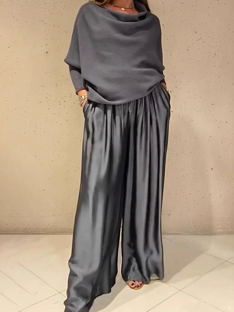 Satin Sleeveless Patchwork Long Sleeve Loose Women's Slash Neck Blouse Top + Wide Leg Pants 2-Piece Set