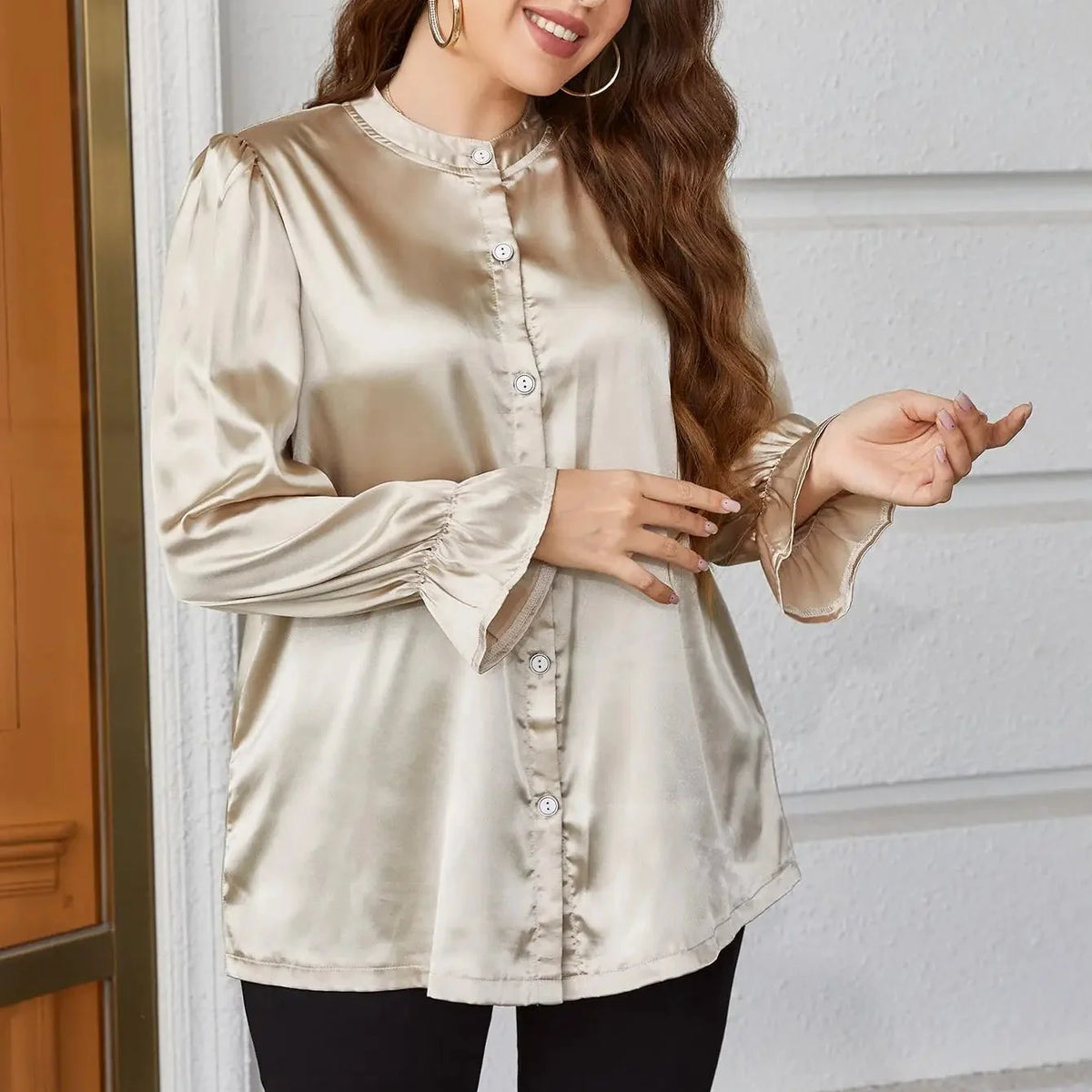 Aurellise – Plus Size Satin Button Blouse