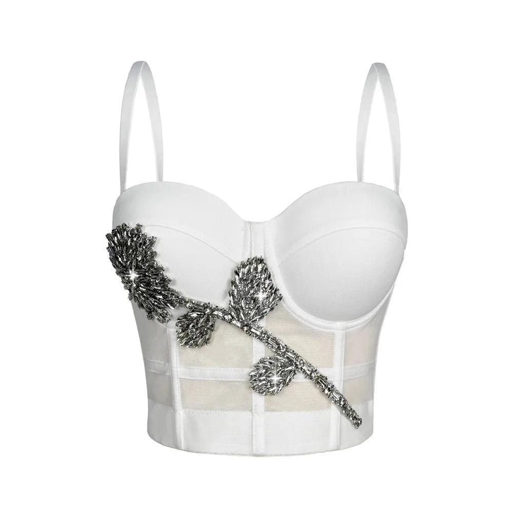 Denim Rhinestone/Diamond Tassel Fringe/Metallic Geometric/Floral Embellished Women's Hip-Hop Streetwear Bustier Corset Tops
