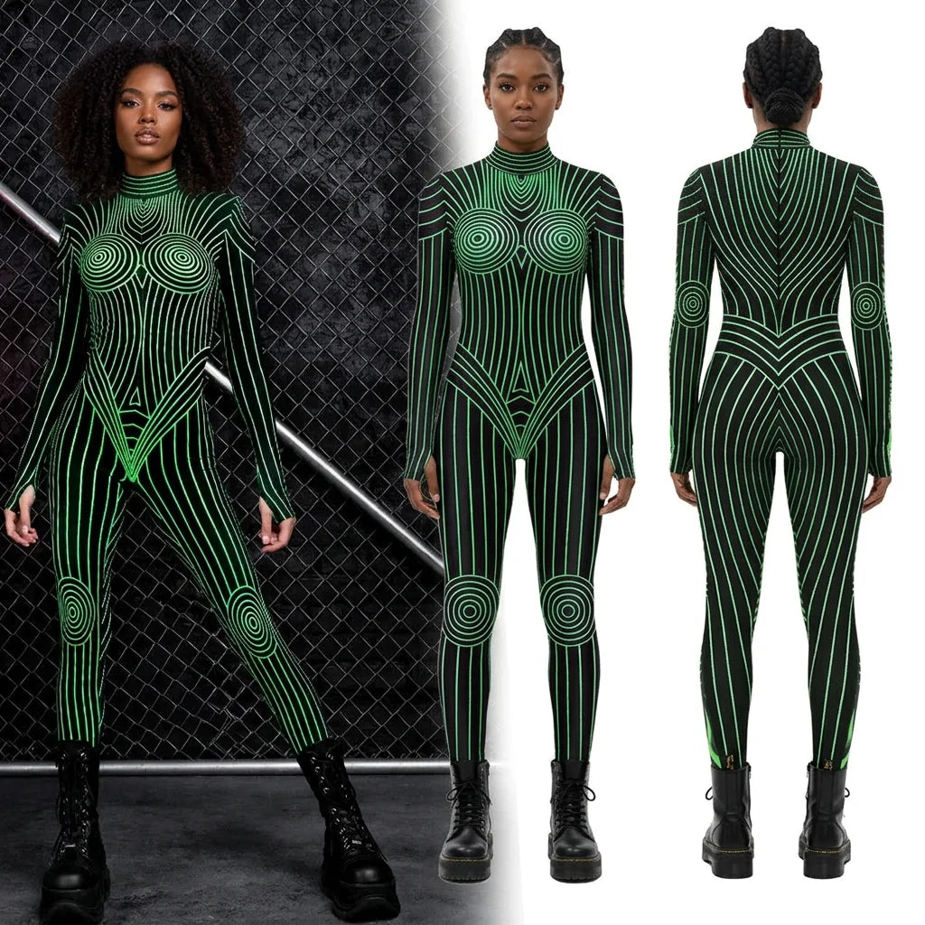 Designer Geometric Striped Print Skin Tight Long Sleeve Women's Stage Performance Jumpsuits