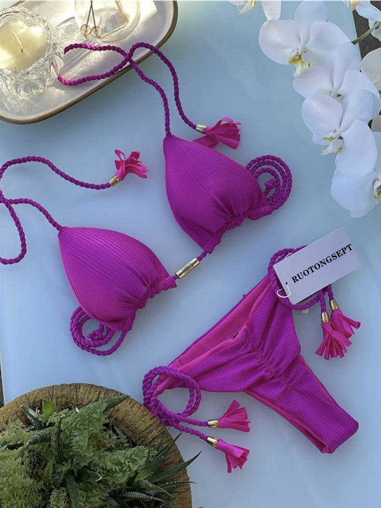 Solid Special Fabric Tassel Bikini