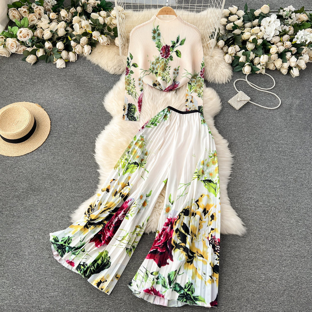 Pleated Knitwear&Wide-leg Trousers Printed 2Pcs