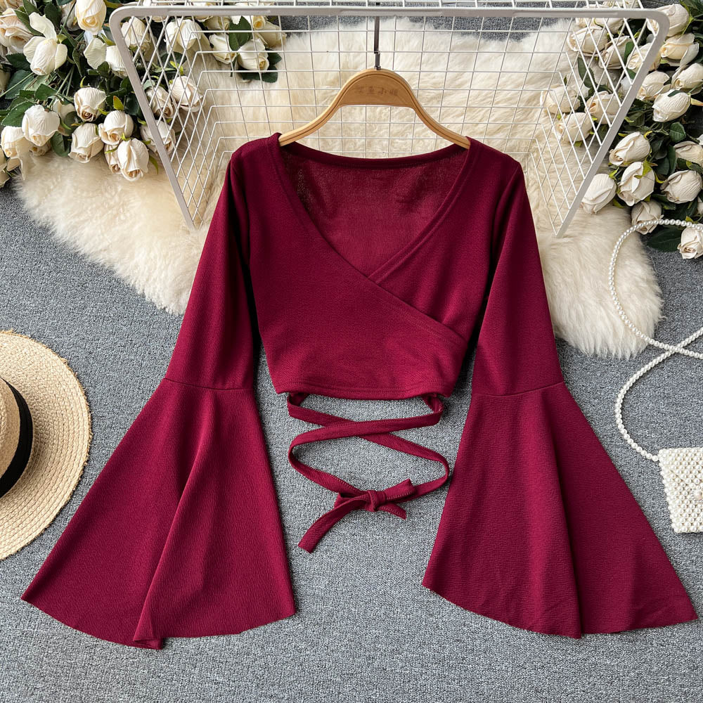 Drawstring V-neck Long-sleeve Top