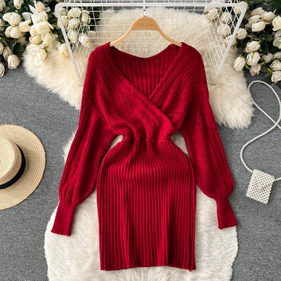 Vintage V-neck Waist-slimming Knitted Dress