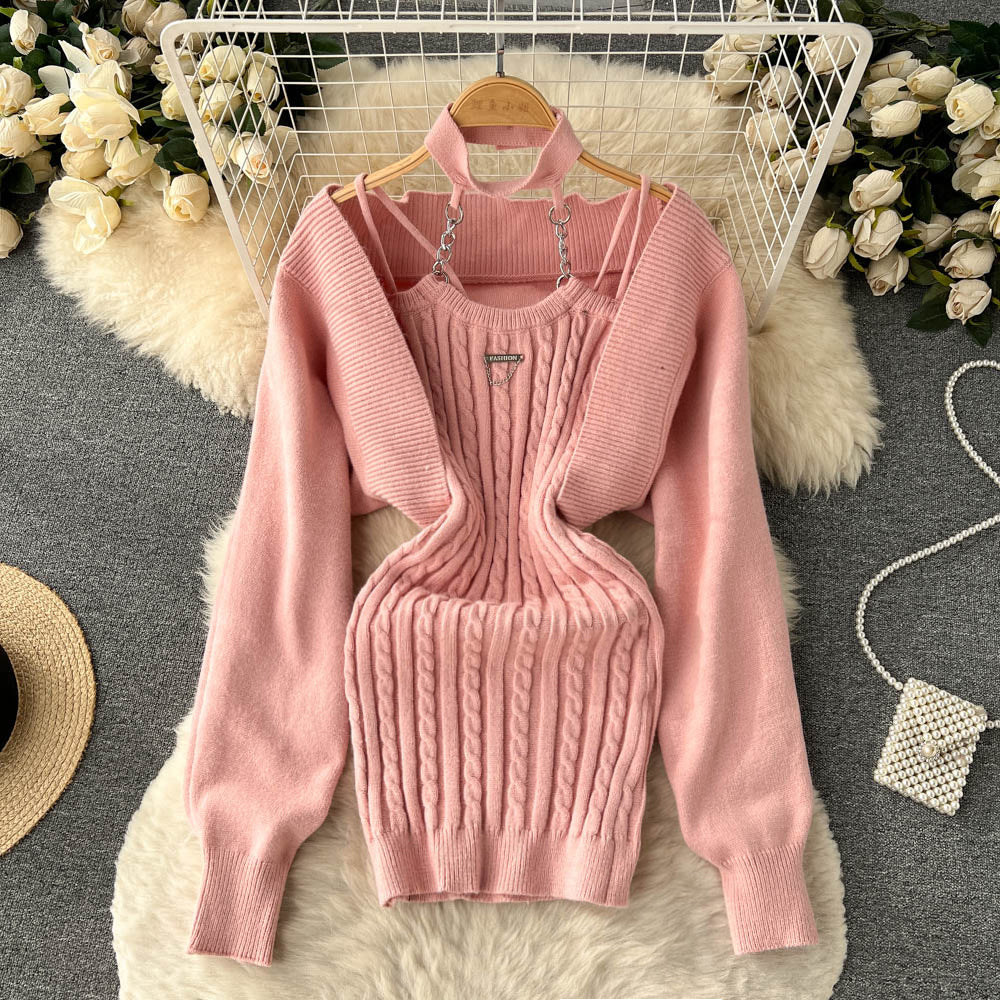 Knitted Cardigan Shawl&Bodycon Halter Dress