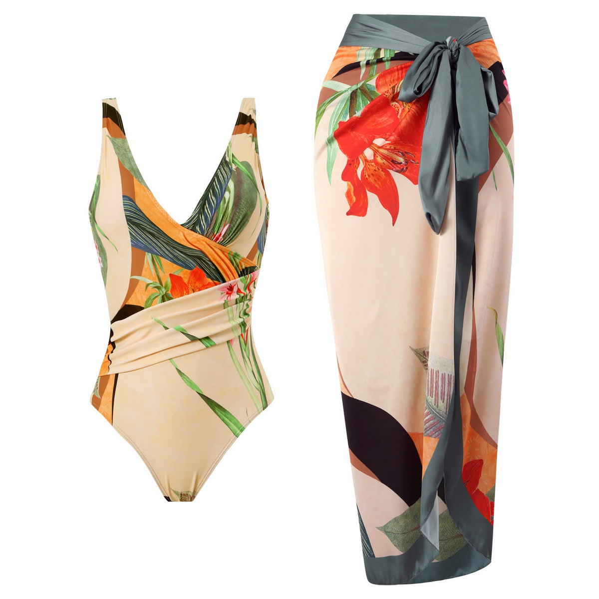 Floral One-piece Swimwear&Lace-up Skirt