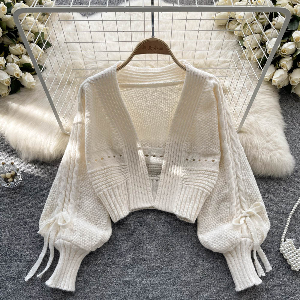 Bow Drawstring Short Knitted Cardigan