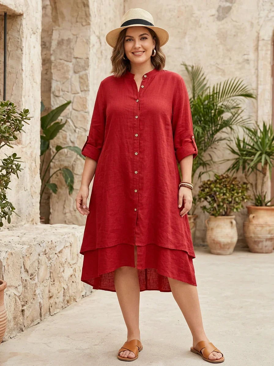 Aisha | Button-Front High-Low Midi Dress — Relaxed A-Line