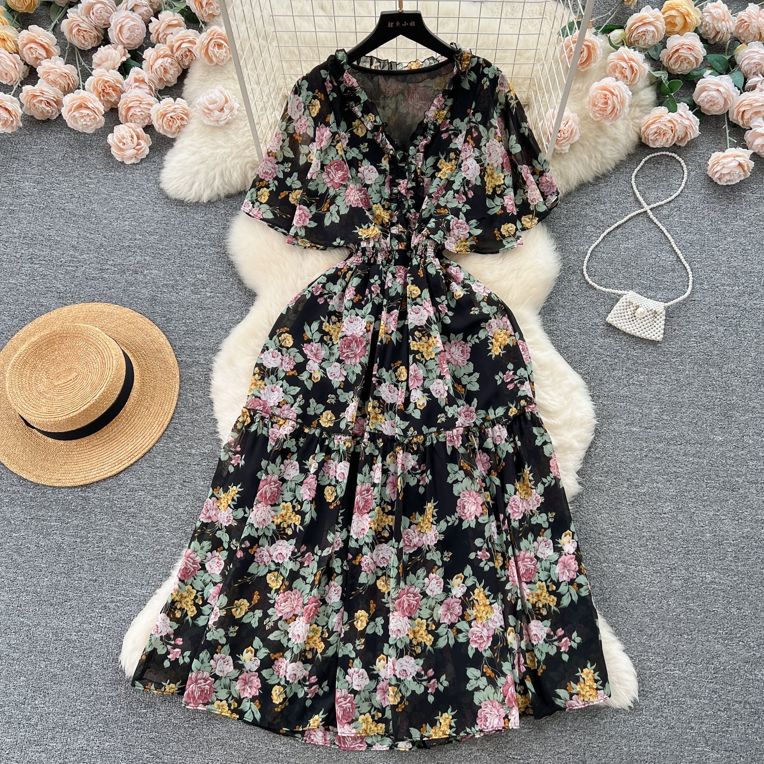 Mori Flared Sleeve Floral Chiffon Dress