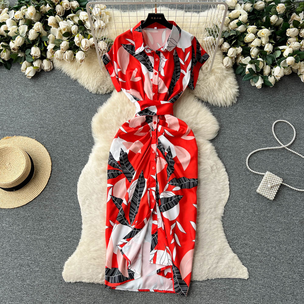 Vintage Lapel Floral Pleated Dress