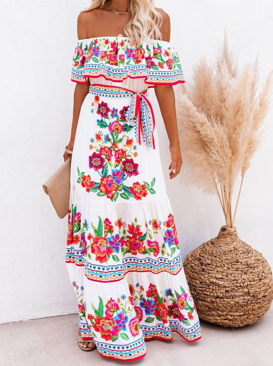 Off-shoulder Lace-up Floral Beach Dress
