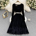 Black Gold Velvet Lace Stitching Dress