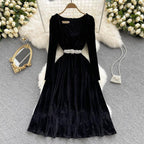 Black Gold Velvet Lace Stitching Dress