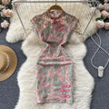 Embroidered Floral Printed Slit Cheongsam Dress