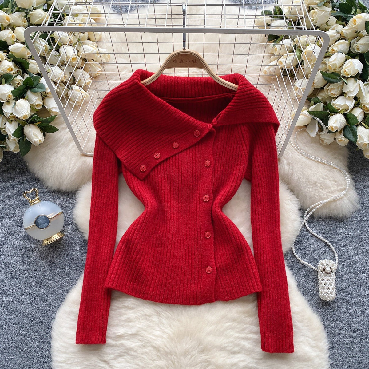 Lapel Collar Solid Color Knitwear
