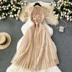 Vintage Floral Embroidered Pleated Dress