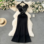 Elegant Sequined Embroidered Lace Black Dress