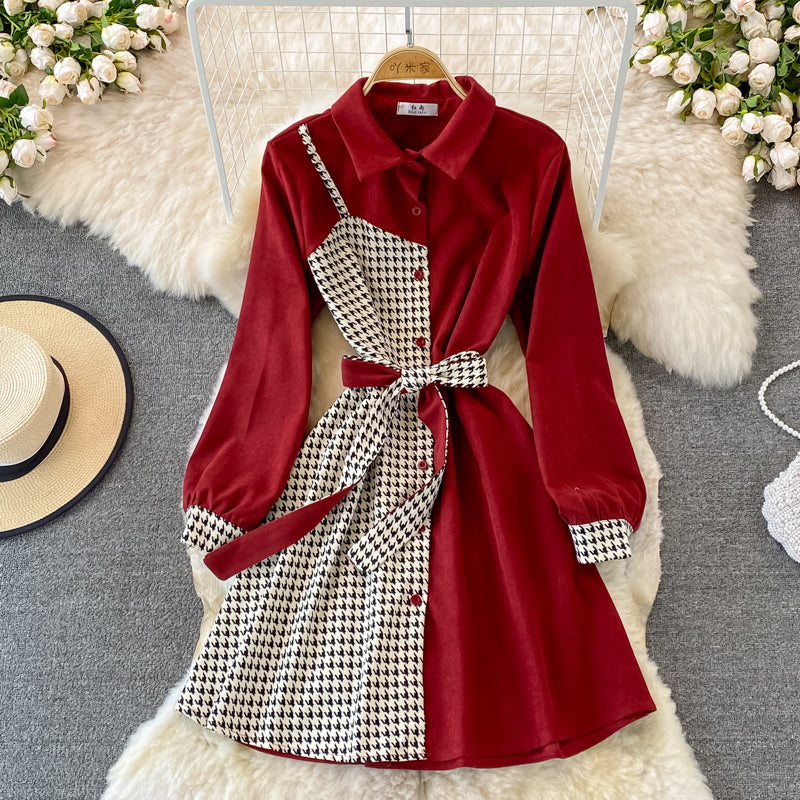 Tweed Panel Plaid Fake Two Piece Dress