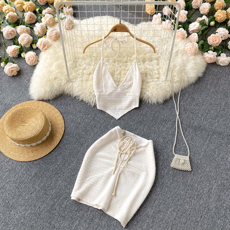 Lace-up Tube Top + High Waist Drawstring Skirt Two-piece Set