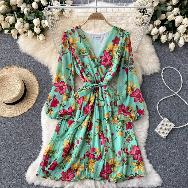 V-neck Waistband Ruffle Dress