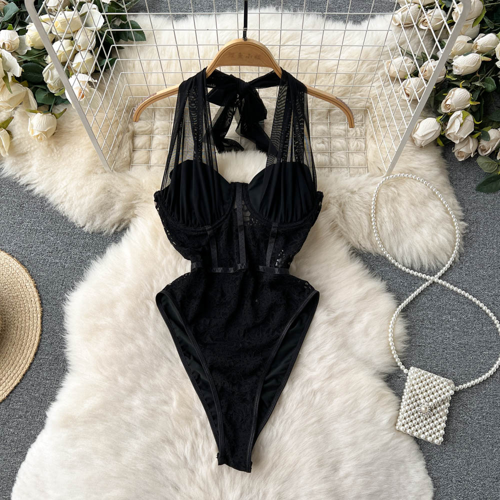 Vintage Mesh Lace-up Black Jumpsuit