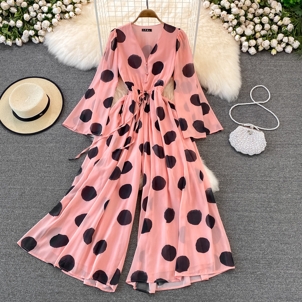 Flared Sleeve Polka Dot Print V-Neck Jumpsuit